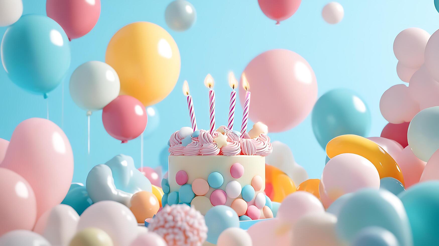 Celebratory scene with a cake adorned with lit candles and surrounded by pastel-colored balloons on a soft blue background photo