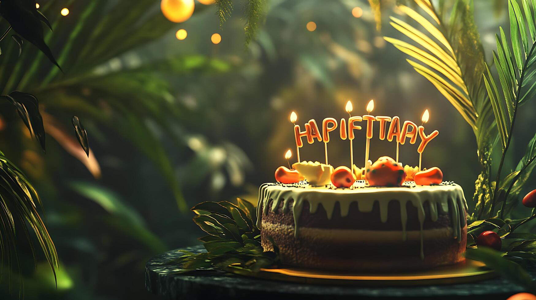 Celebratory cake with candles spelling 'Happy Birthday' surrounded by lush greenery in a jungle-like setting photo