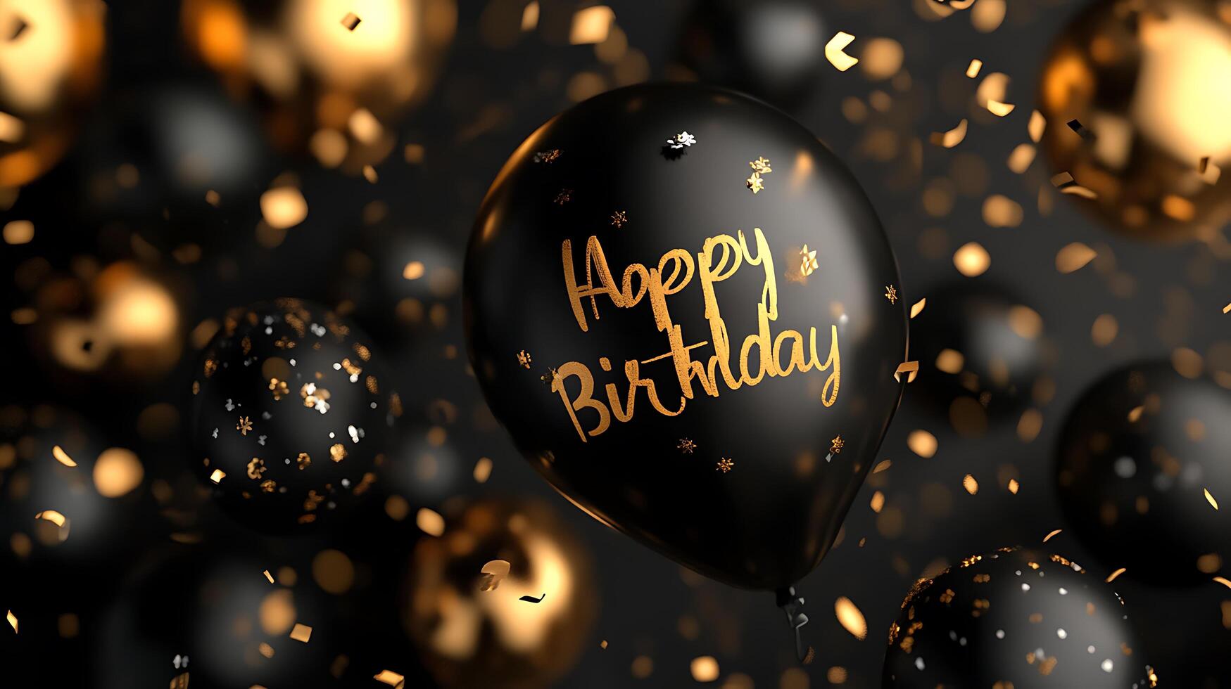 Festive birthday celebration with black and gold balloons and confetti Birthday greetings depicted on a black balloon with a gold script photo