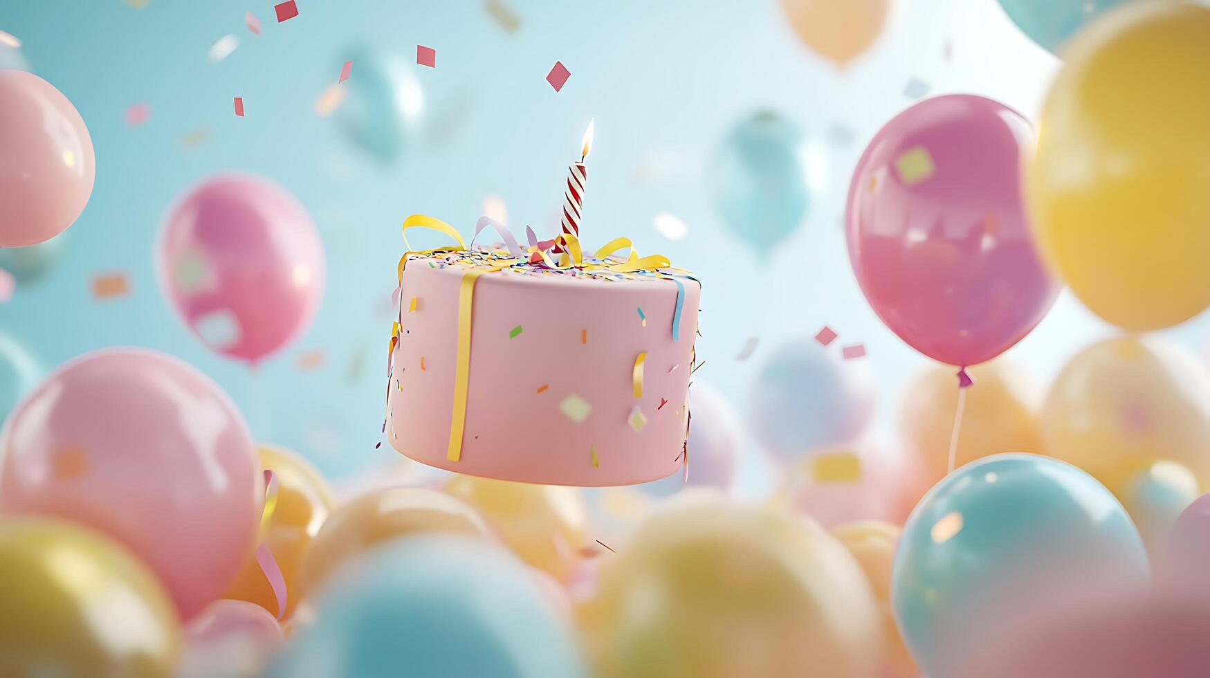 A festive scene featuring a pink birthday cake with a lit candle surrounded by colorful balloons and falling confetti on a light blue background photo