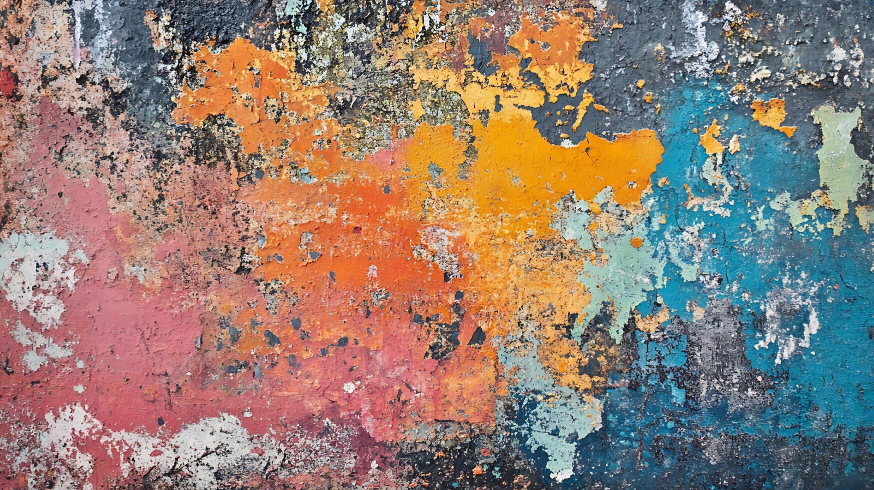 Fragmented and weathered surface Vivid colors like orange red and blue mingle across a textured surface where paint is cracking and peeling photo