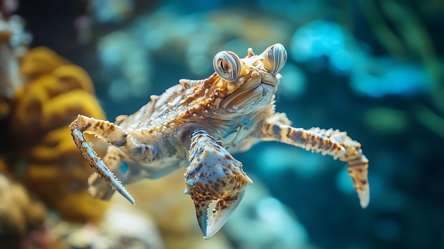 Crab underwater with large eyes on stalks unique textures and light tan coloring It hovers in bright blue and green tinted water photo