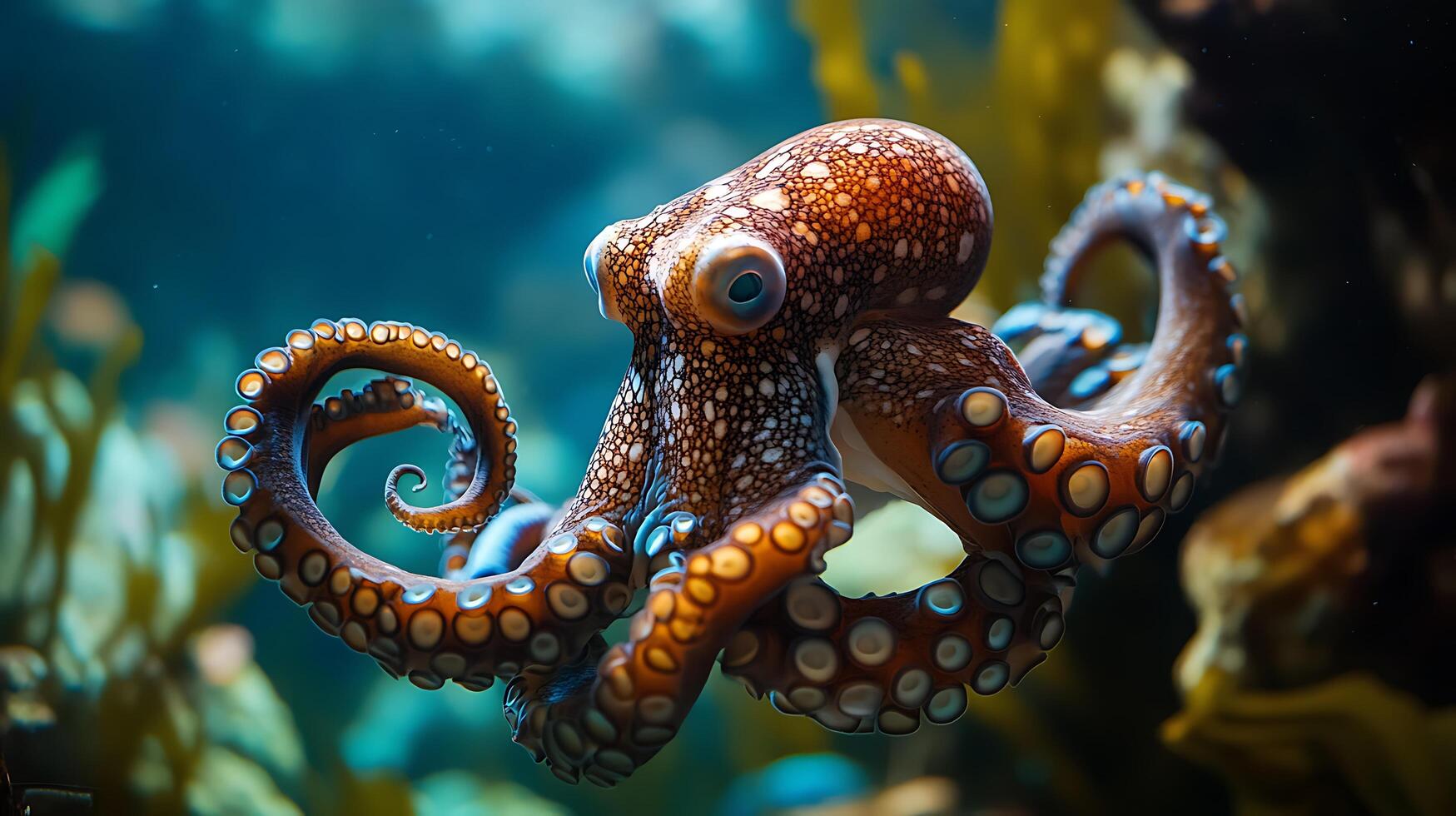 Graceful octopus dances amidst the tranquil aquarium showcasing its mesmerizing patterns and fluid movements in an underwater ballet photo