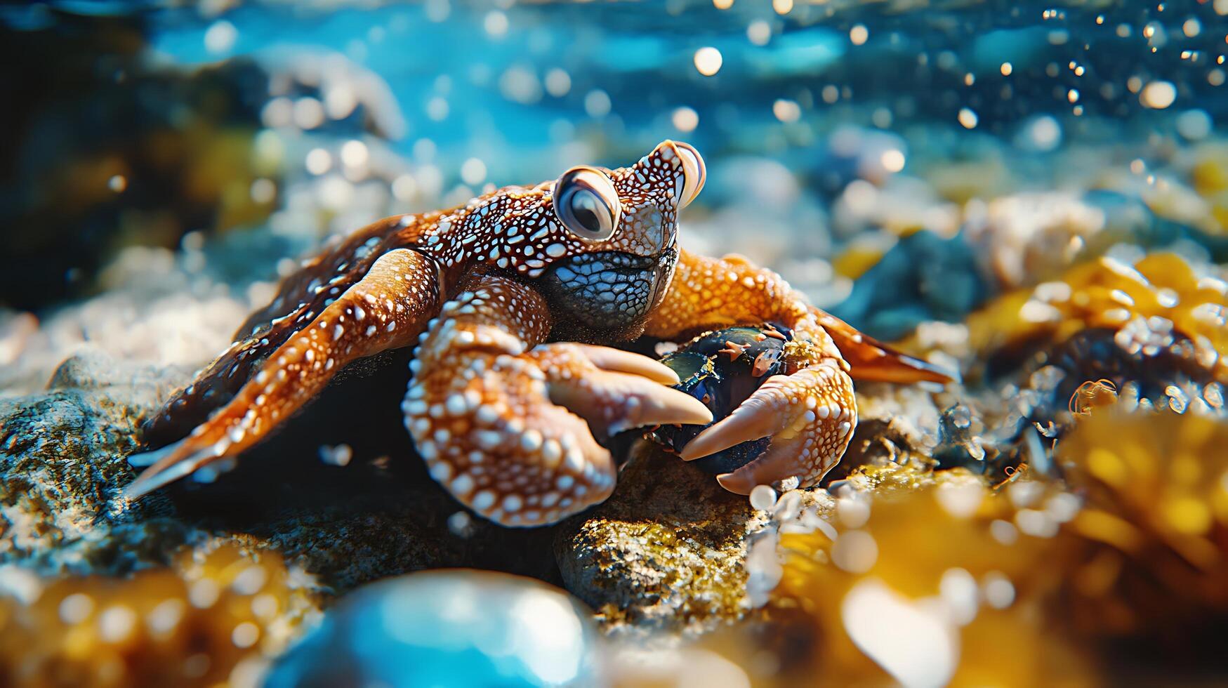 Underwater scene of an unusually patterned crab on the ocean floor amidst seaweed and shimmering light photo