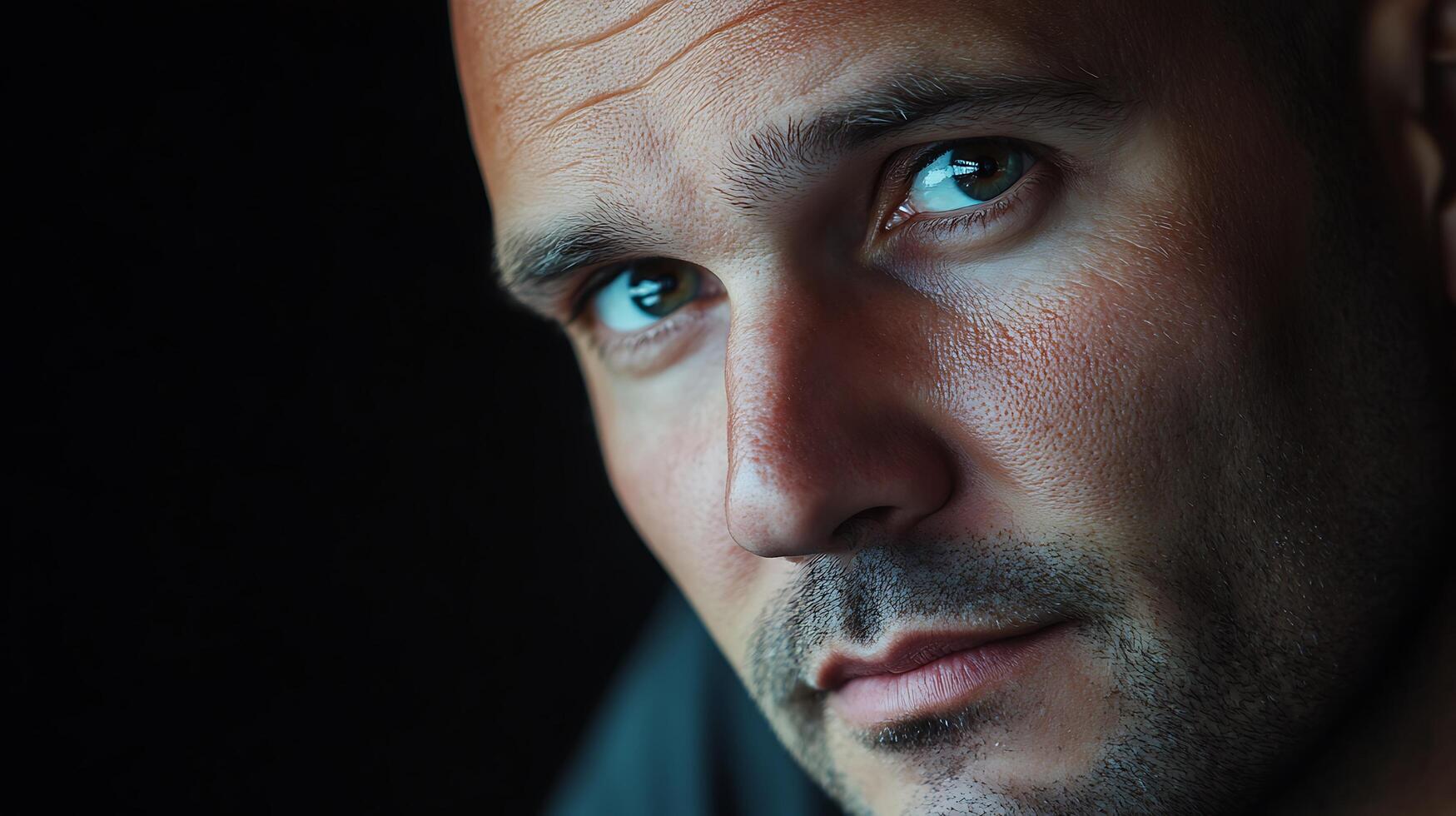 Intense gaze of a man in shadow His striking eyes and stubbled face create a powerful and intimate portrait capturing depth and emotion photo