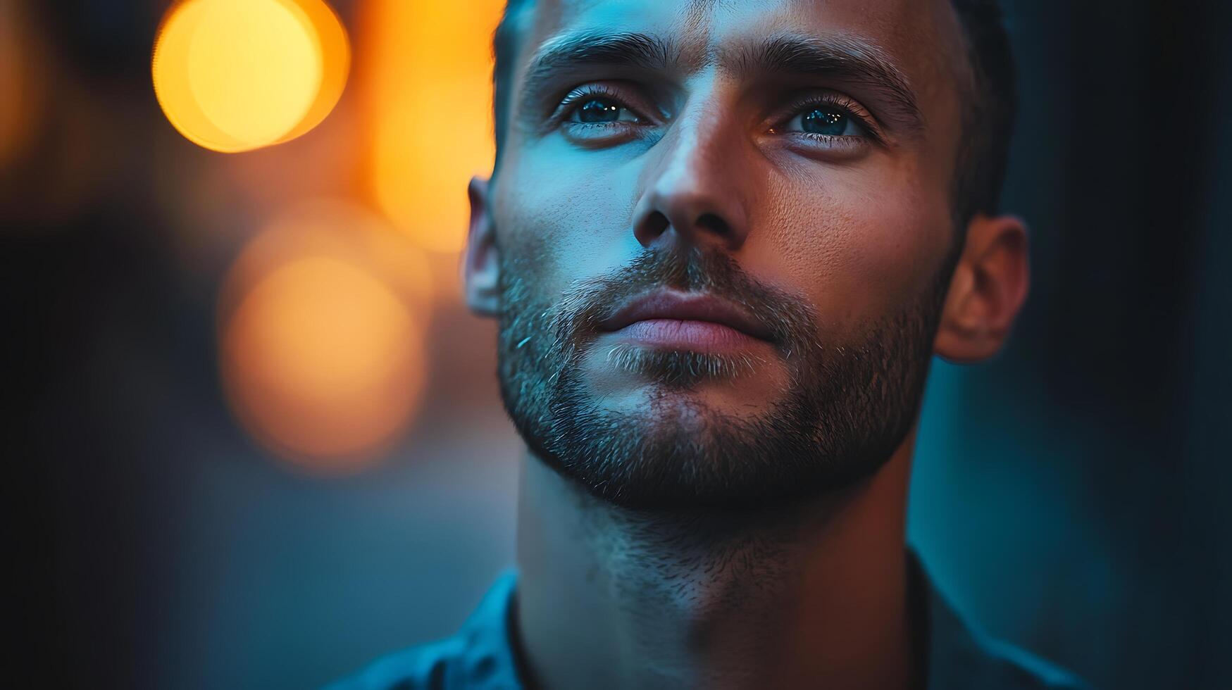 Portrait of a contemplative man gazing upwards with a serious expression in a dim environment with bright bokeh lights in the background photo