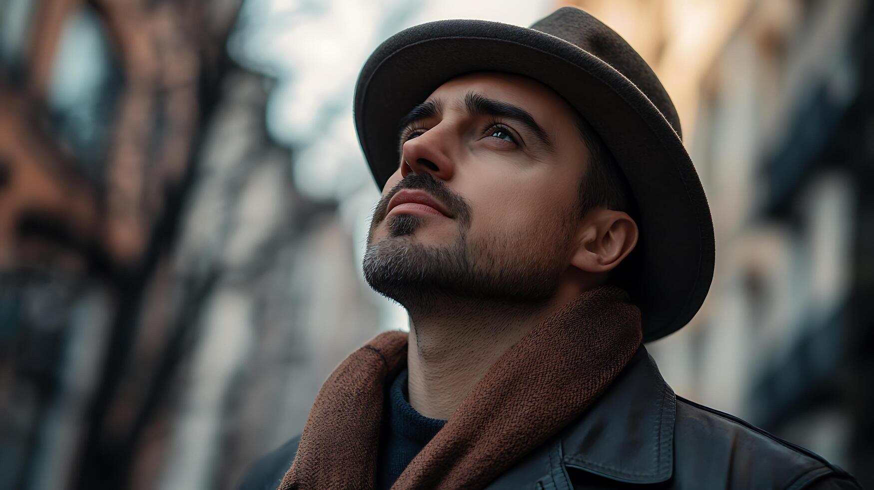 A man looks up thoughtfully wearing a hat and scarf with a beard The scene is calm mysterious and introspective photo