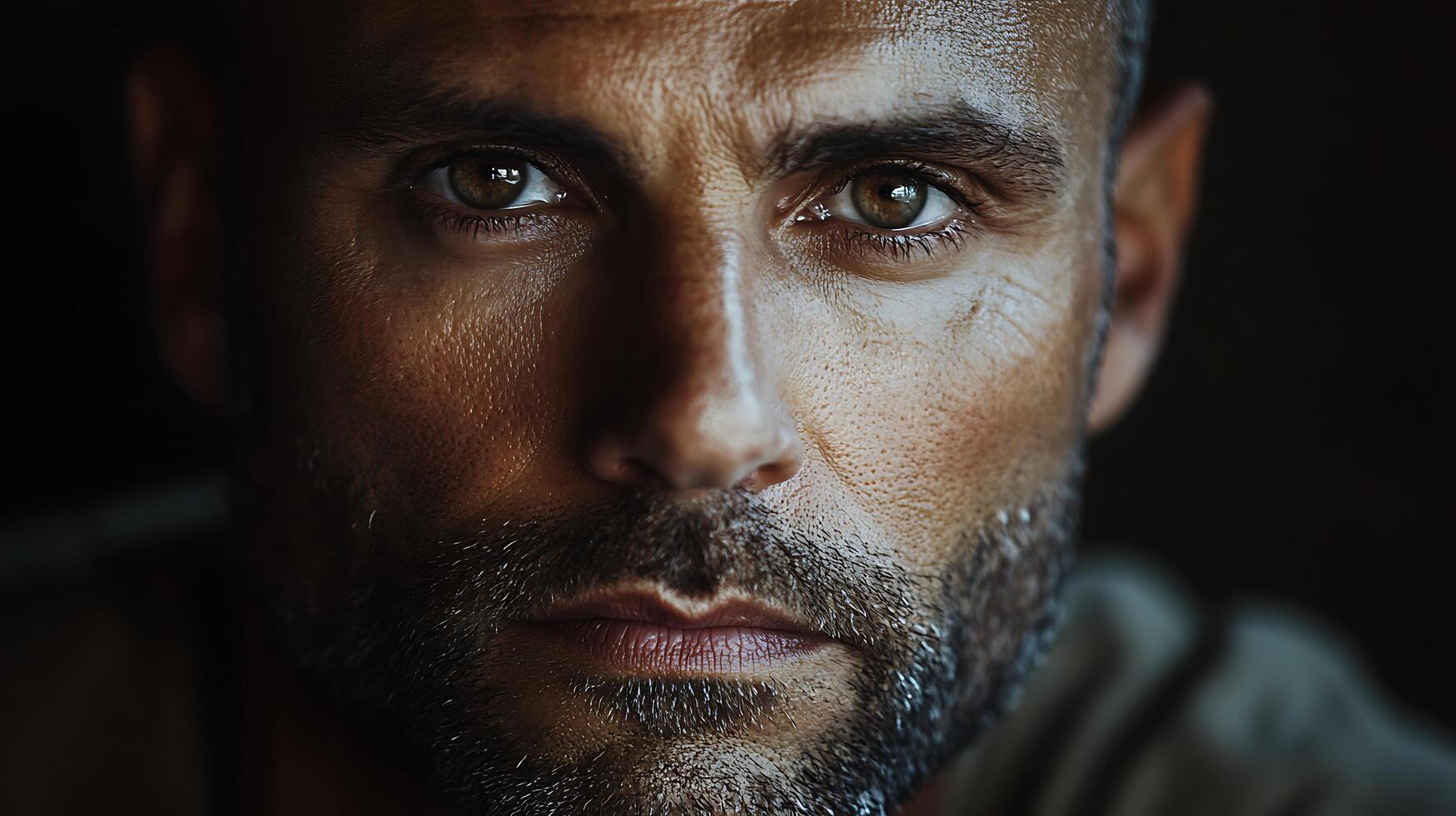 Intense portrait of a man with weathered skin and deep-set eyes Focused gaze creates a powerful connection with the viewer photo
