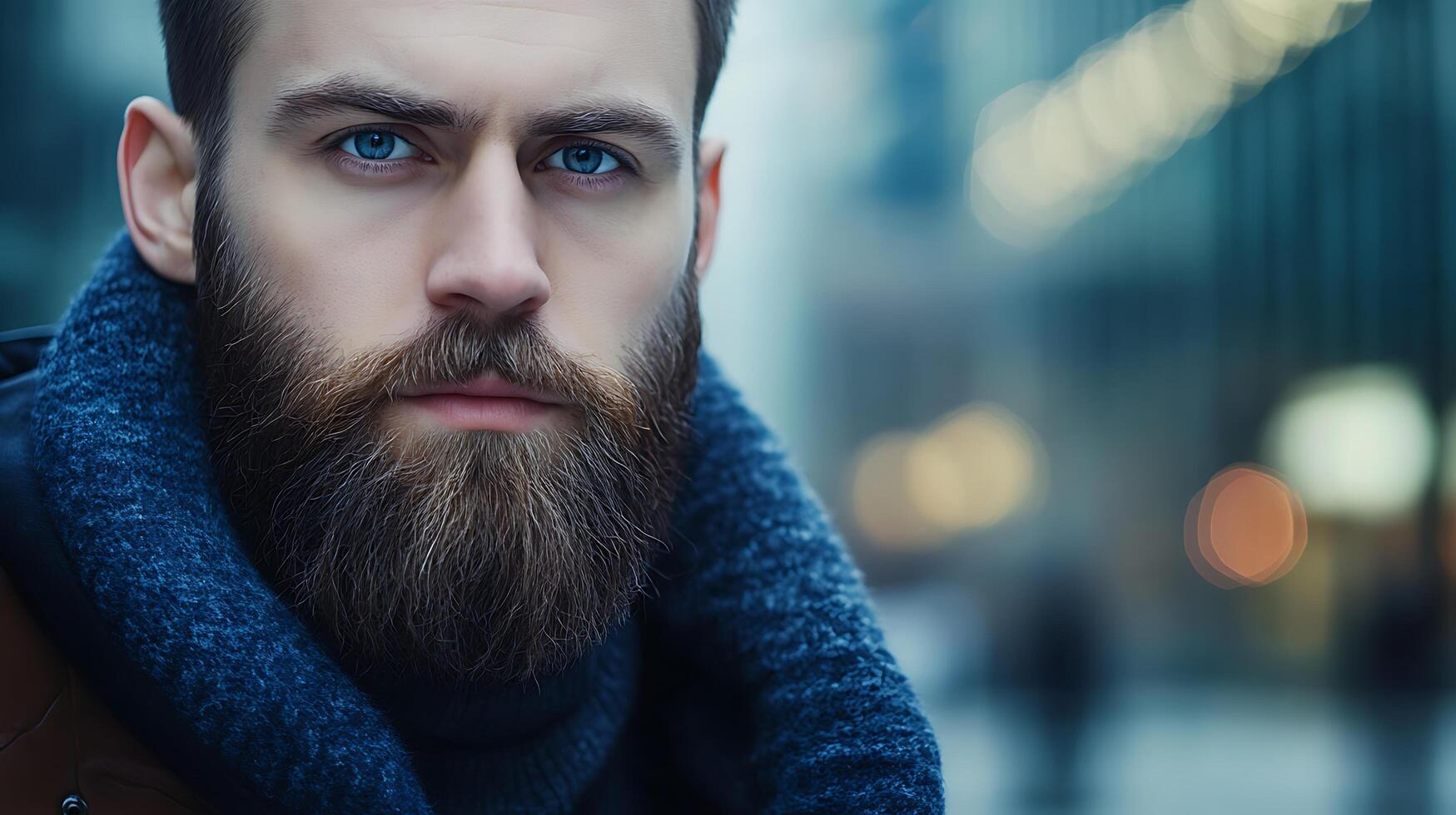 Portrait of a man with blue eyes and a full beard wearing a scarf with blurred city lights in the background Focus on his face photo