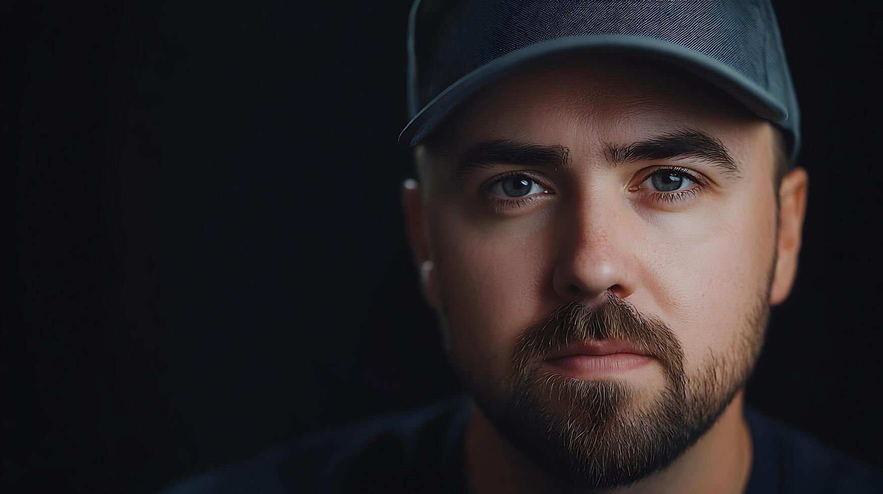 Close up portrait of a fair-skinned man with blue eyes and a well groomed beard wearing a baseball cap against a dark background photo