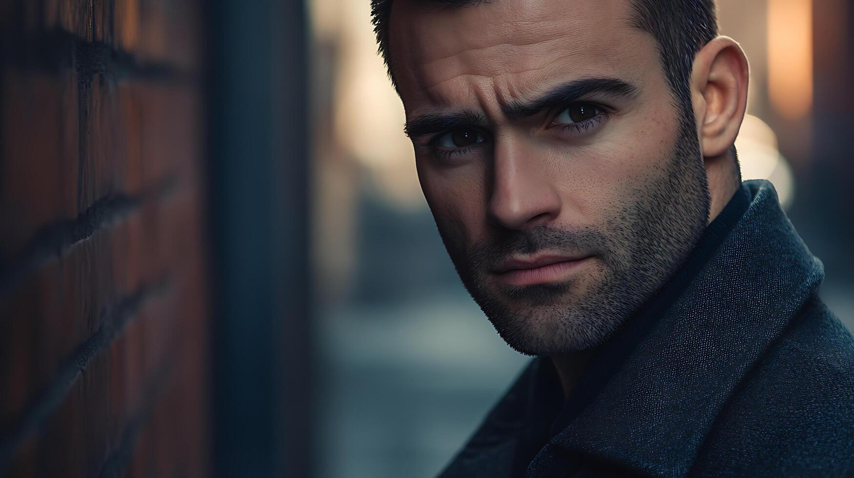 Intense portrait of a man with striking gaze next to a brick wall mysterious and captivating He is wearing a dark winter coat photo