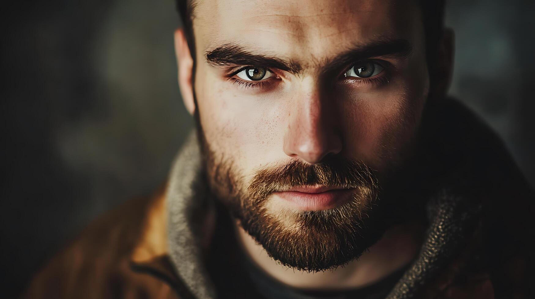 Intense gaze of a man with a beard capturing his rugged charm and captivating eyes A portrait that speaks volumes through a single look photo