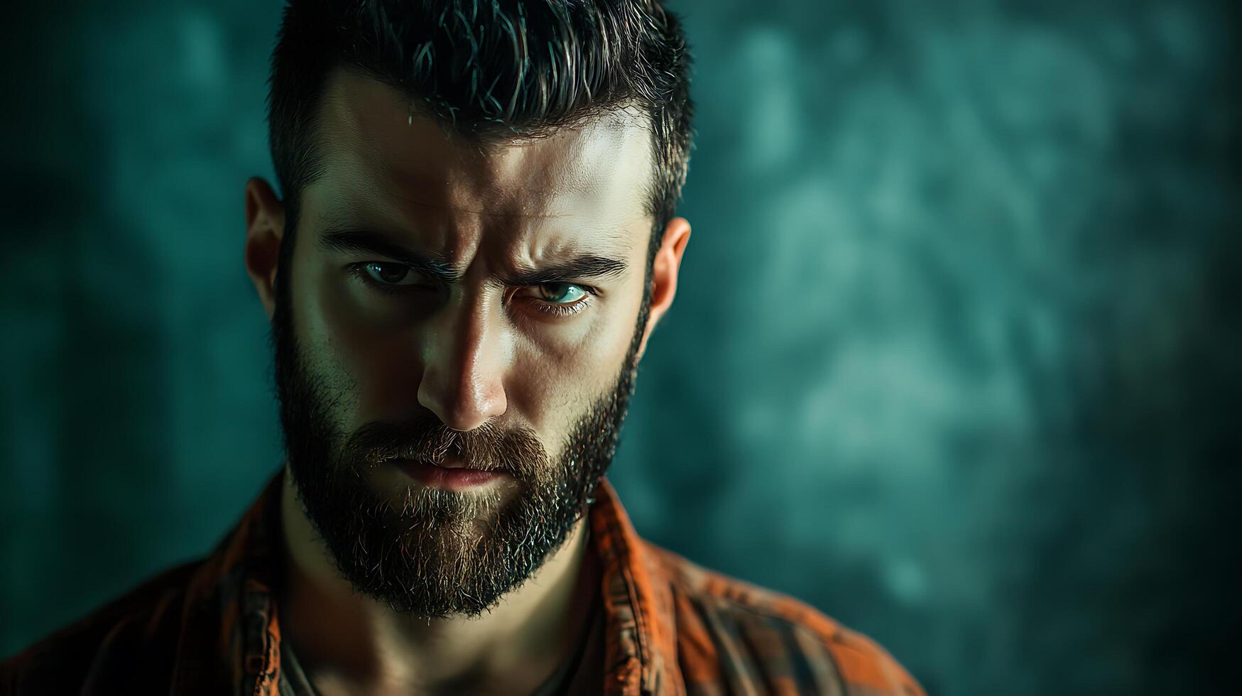 Intense portrait of a man with a beard conveying a feeling of seriousness and resolve set against a textured background photo