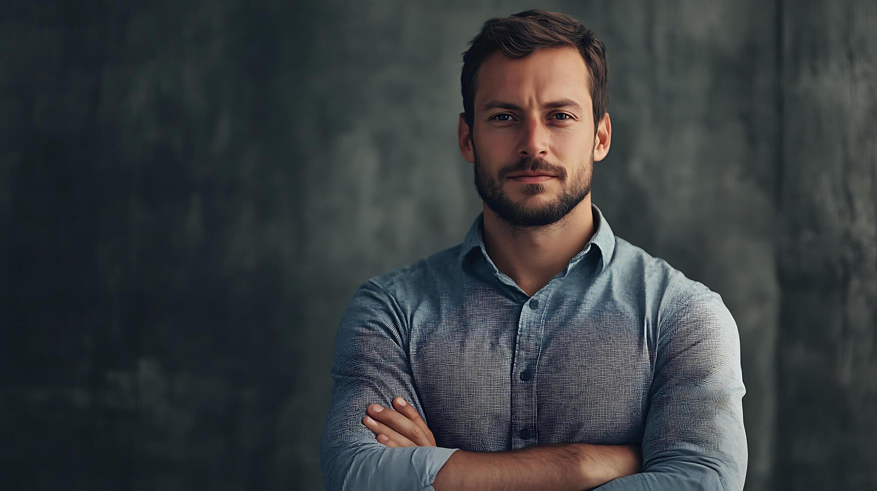 Confident man with arms crossed set against a neutral background The image conveys professionalism and strong personality photo