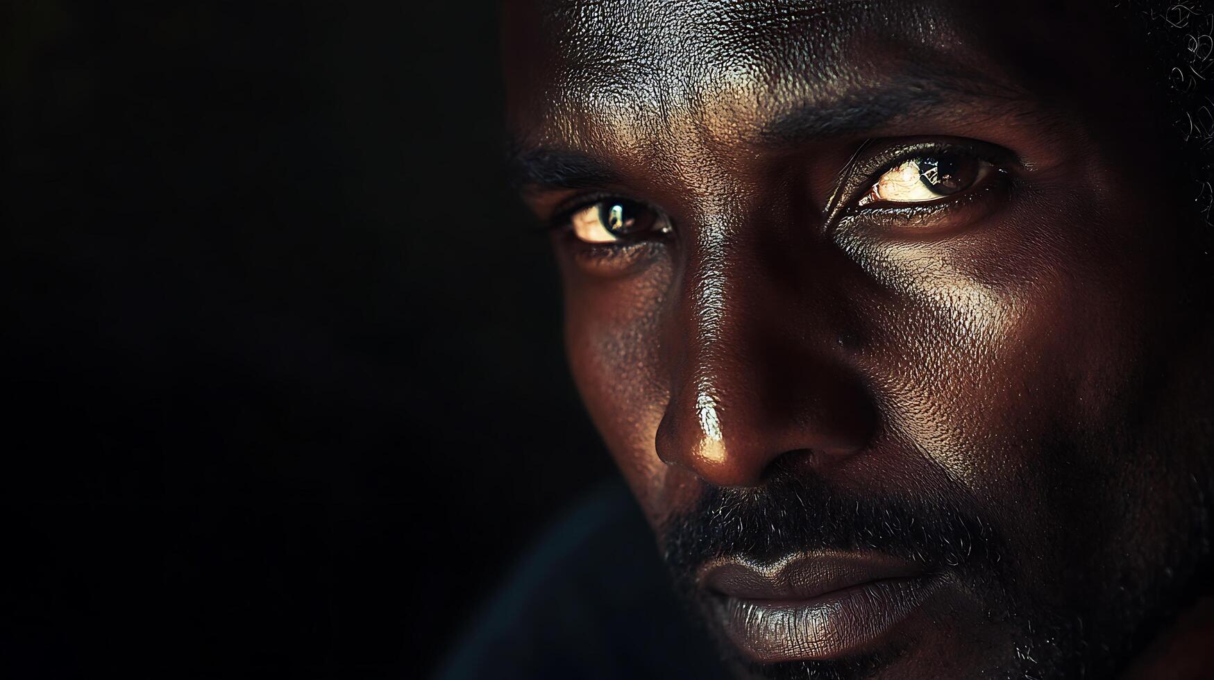 Intense portrait of a man with deep brown skin emphasizing his eyes and facial structure in a dark focused setting photo
