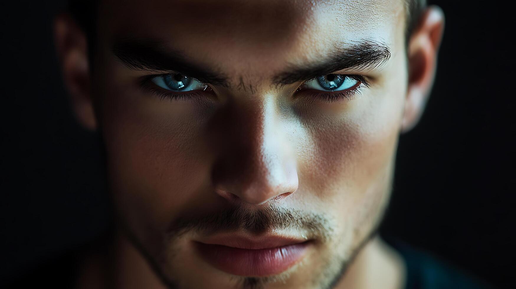 Intense gaze of a man with striking blue eyes dark eyebrows and light stubble Mysterious portrait emphasizing the eyes photo