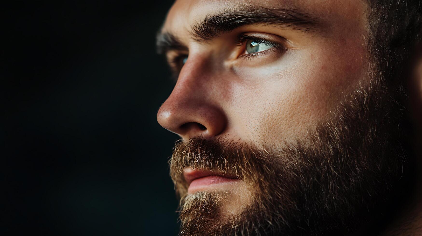 Focused man with a beard looks to the side His brow is furrowed and his features are highlighted by side lighting in an atmospheric shot photo