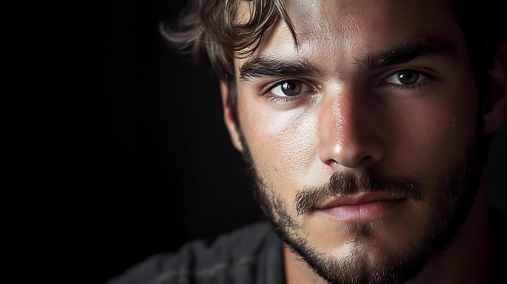 Close-up of a man with a beard and light brown hair against a dark background portrait serious expression and natural lighting photo