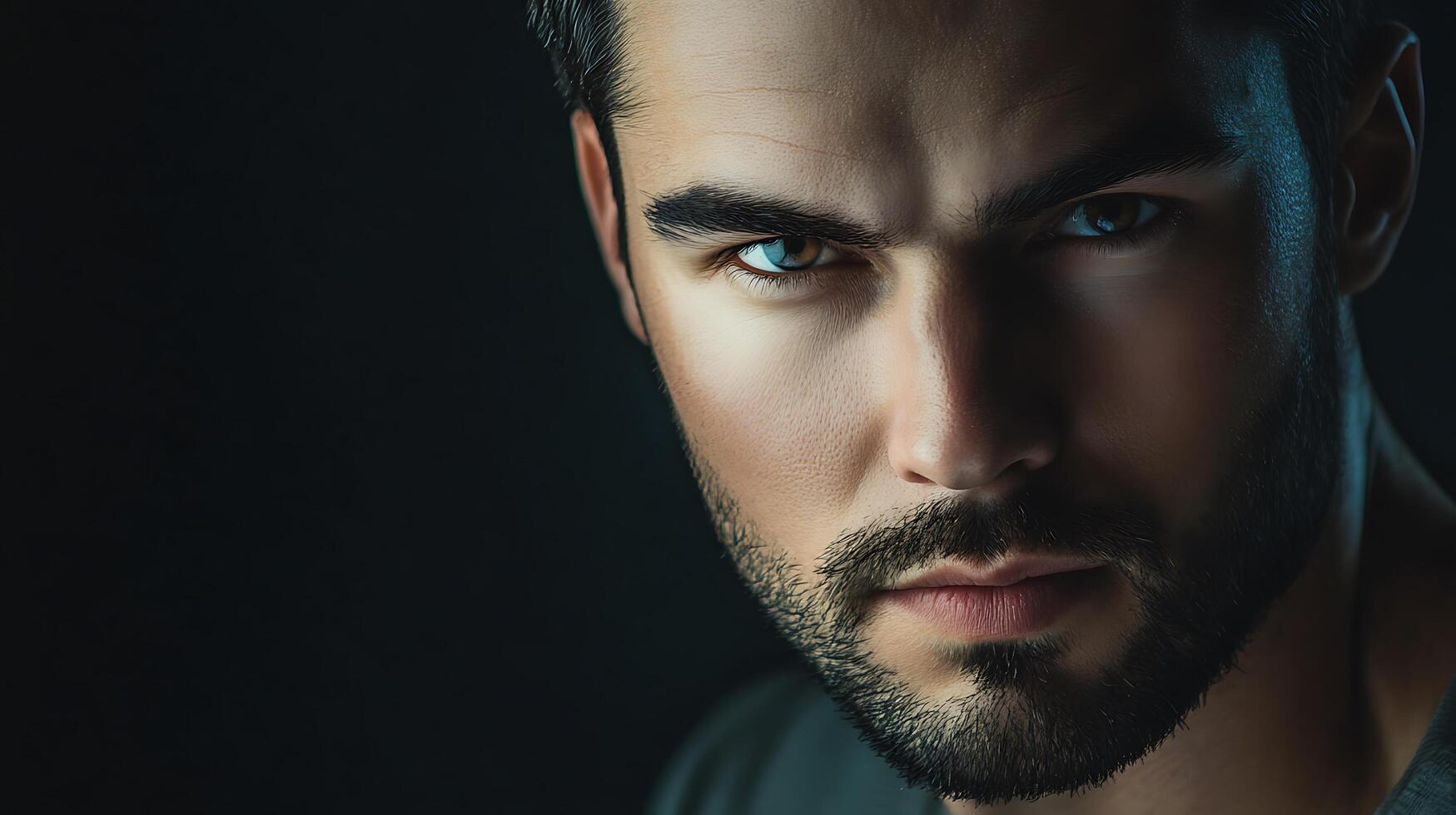 Intense gaze of a handsome man with a striking beard and strong features set against a dark mysterious backdrop creating a captivating portrait photo