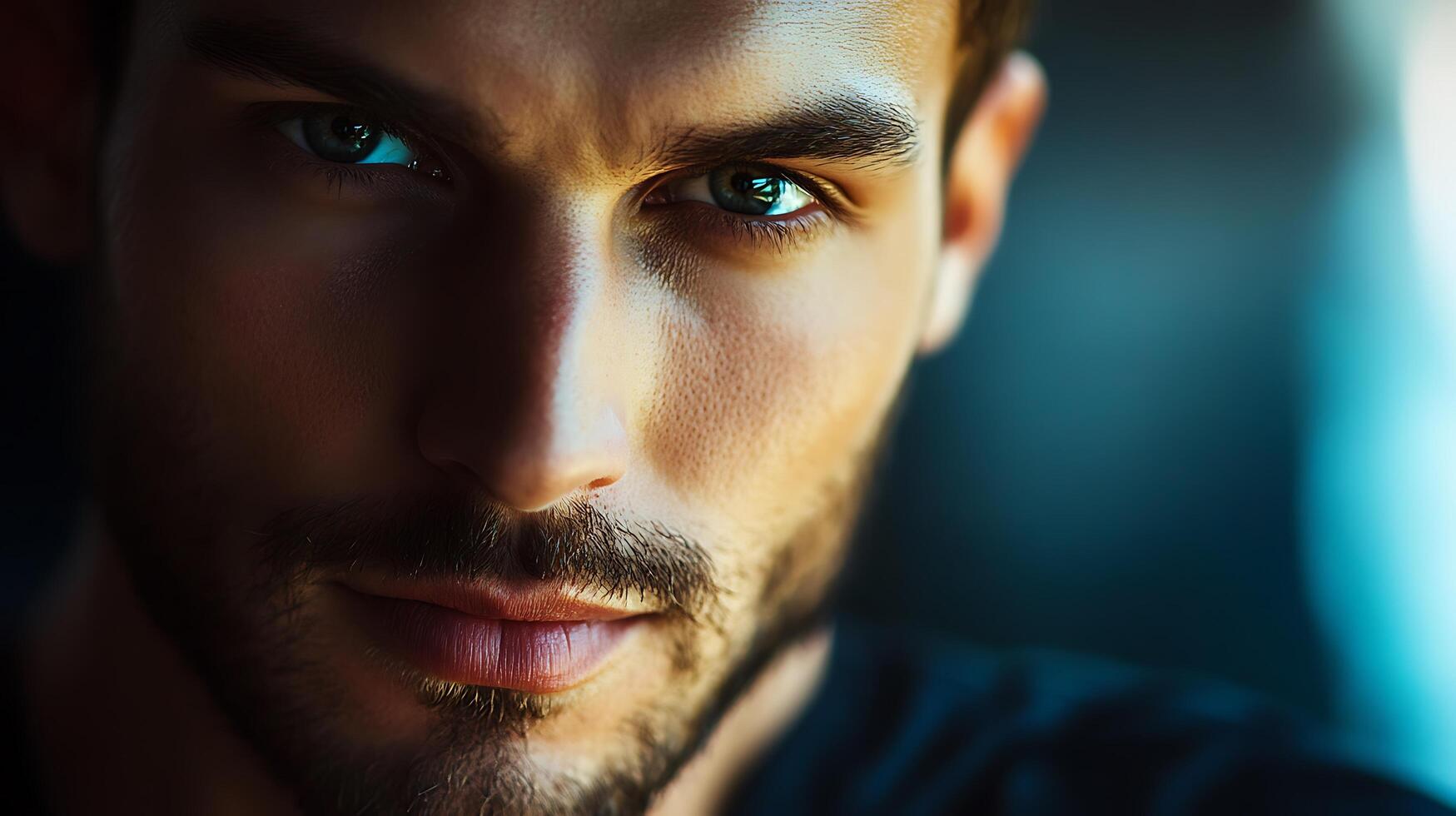 Intense gaze of a man with a beard highlighted by dramatic lighting showcasing depth emotion and natural charm Hypnotic and alluring photo