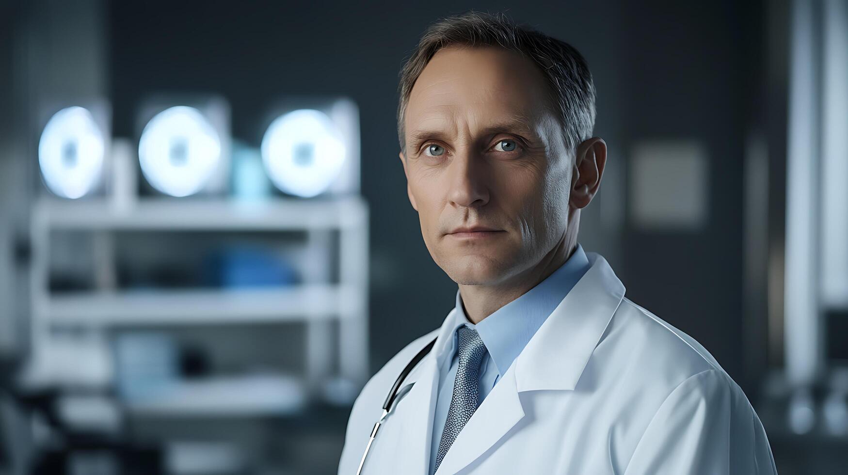 Serious medical professional in a sterile environment He is wearing a white lab coat and stethoscope looking seriously into the camera photo