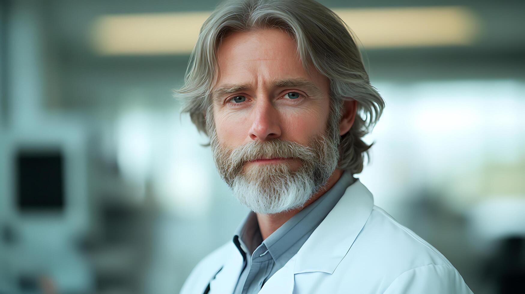 Portrait of a mature man with gray hair and beard wearing a lab coat exuding experience and confidence in a clinical setting photo