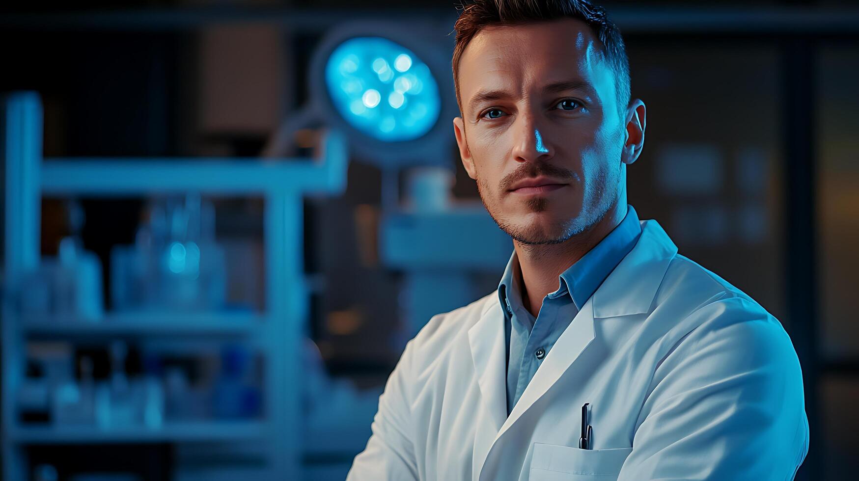 Portrait of a confident doctor or researcher in a lab with a focused gaze and professional demeanor ready to make medical breakthroughs photo