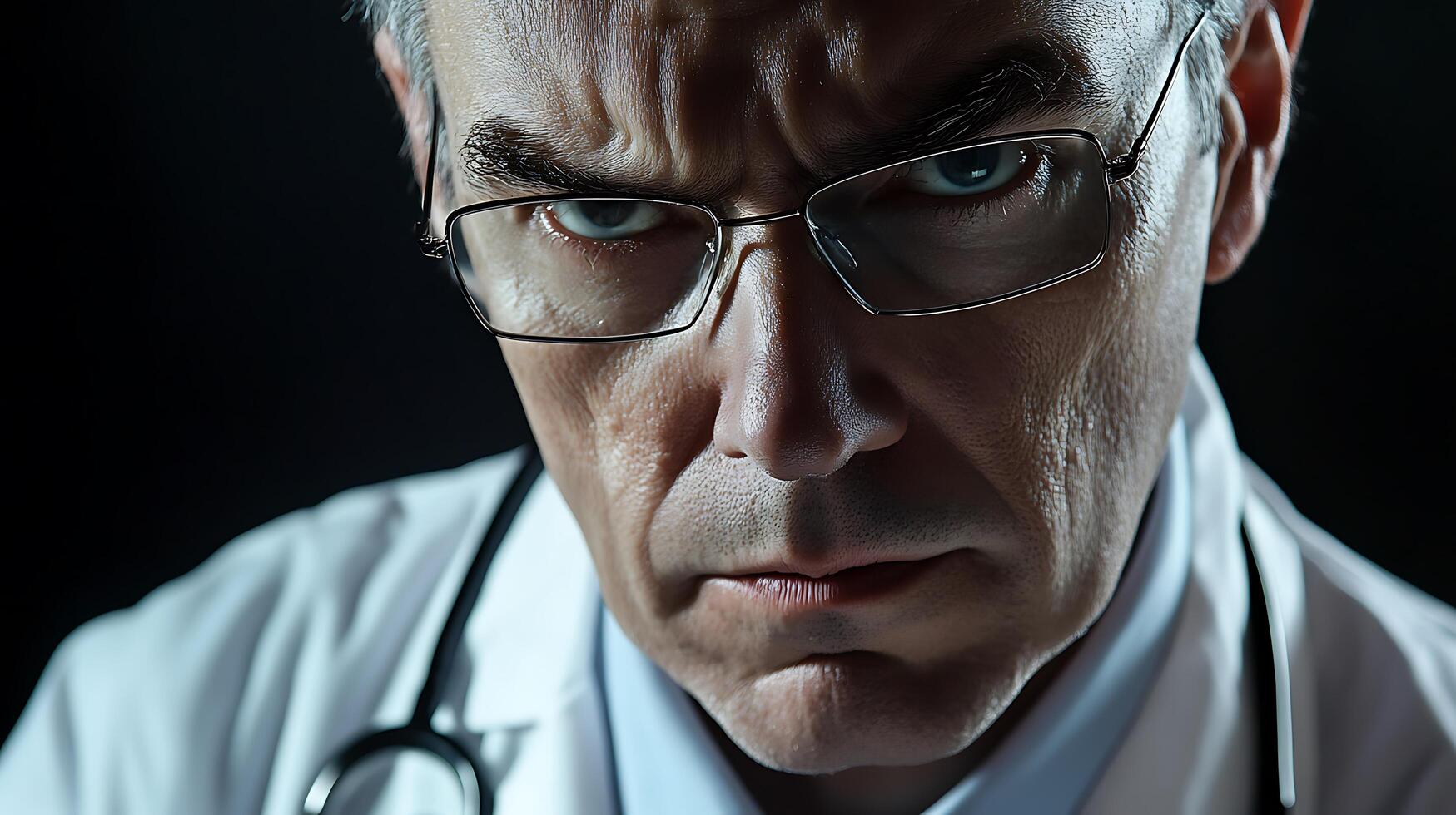 Stern medical professional with intense gaze and glasses wearing a white coat and stethoscope against a dark background photo