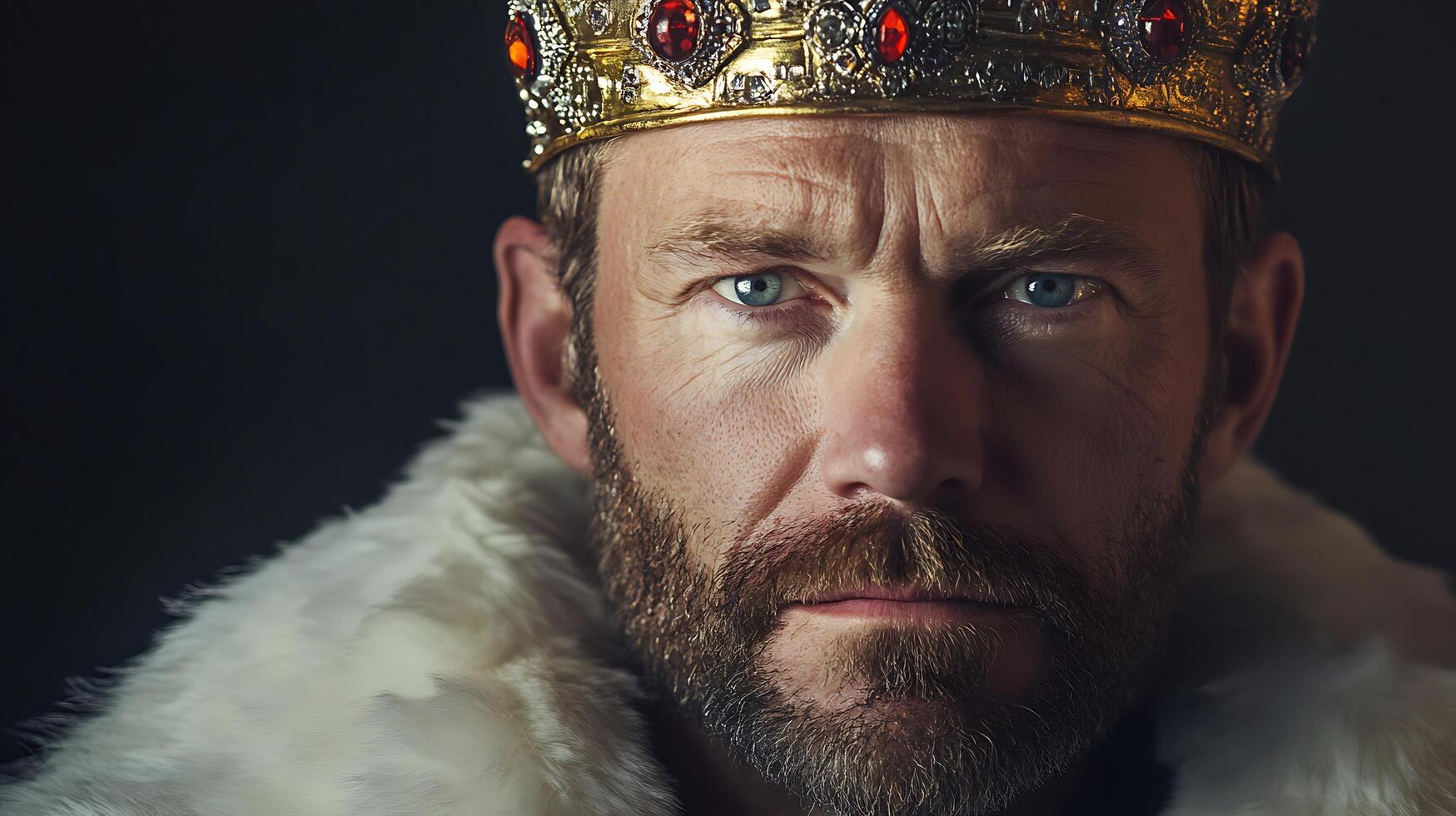 Portrait of a king wearing a crown and a white fur cloak looking directly at the viewer with a serious expression on a dark background photo