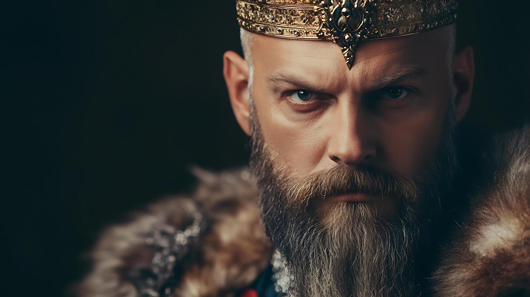 Stern king with a jeweled crown exuding authority and power his gaze fixed on the future his reign promising a future of strength photo