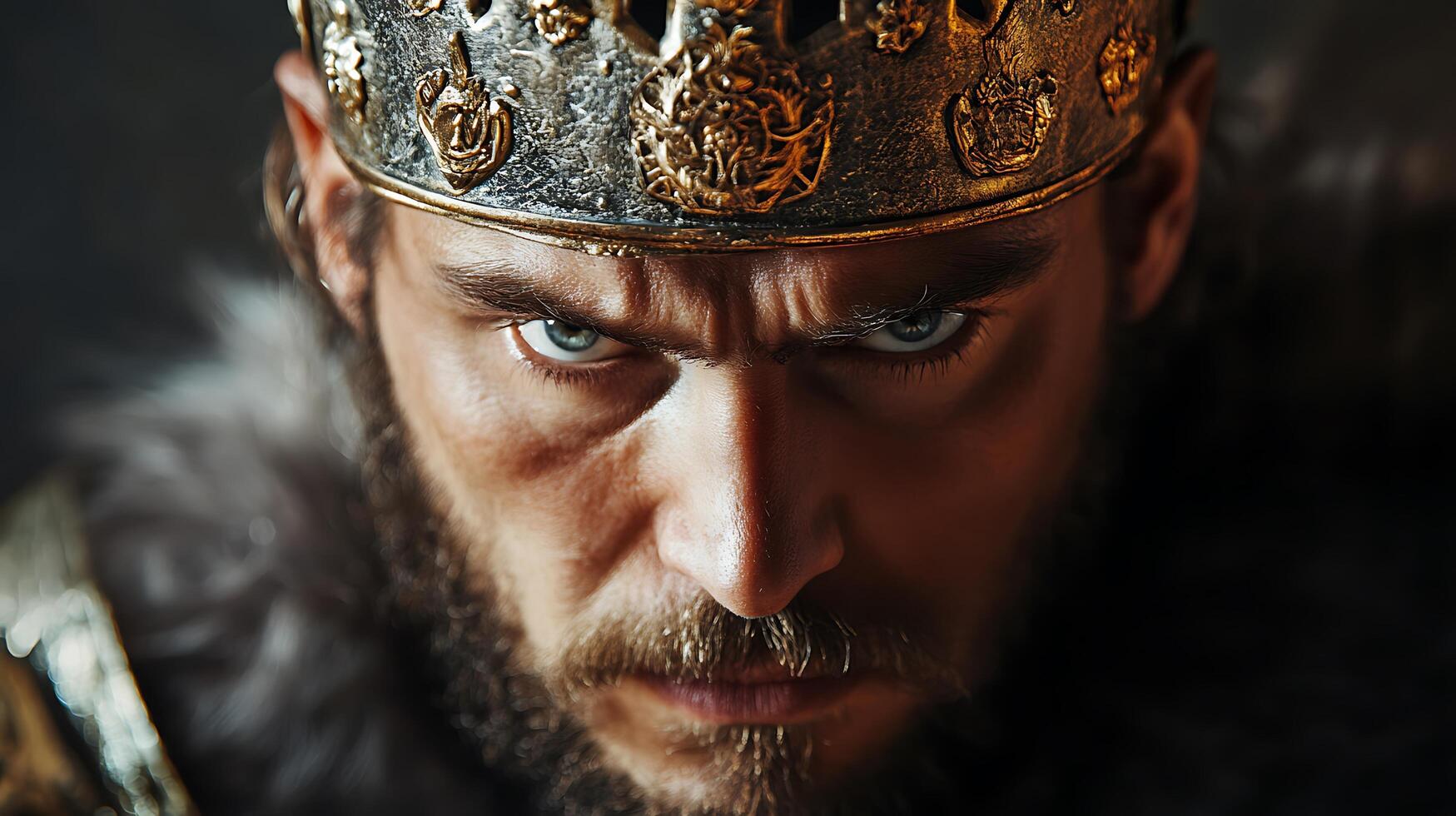 Stern portrait of a king with a crown and an intense look gazing directly at the viewer with light blue eyes and a fur collar photo