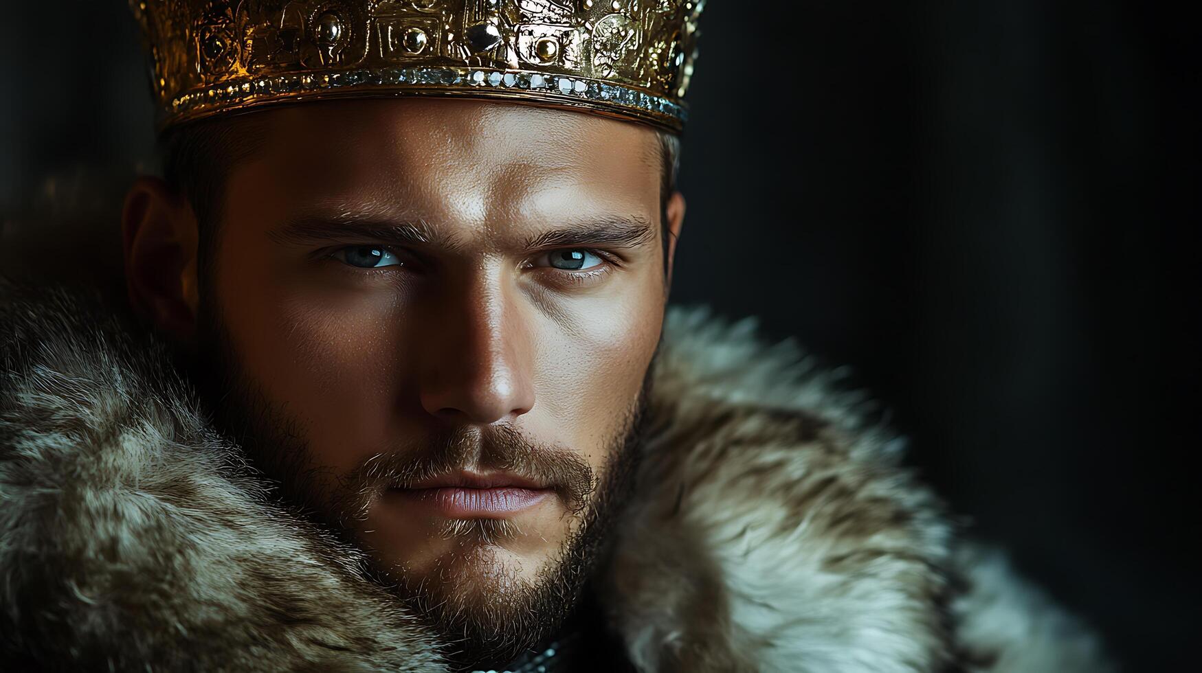 A regal portrait captures a man adorned with a golden crown and luxurious fur exuding nobility and timeless elegance creating a sense of allure photo