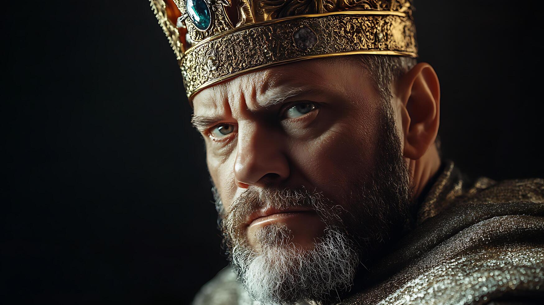 Regal portrait of a stern king face cast in shadow crowned with a jeweled gold crown showcasing power and authority photo