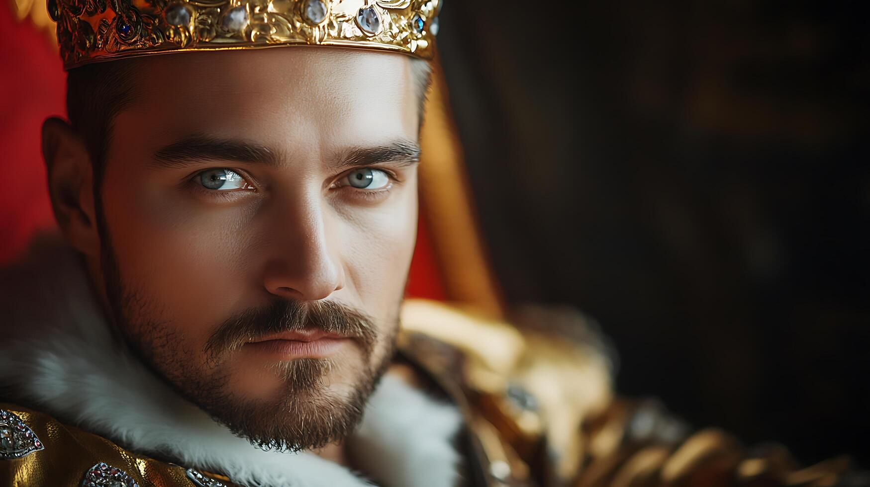 Man with golden crown looks regal His piercing blue eyes convey wisdom and authority Rich garments accentuate his regal aura photo
