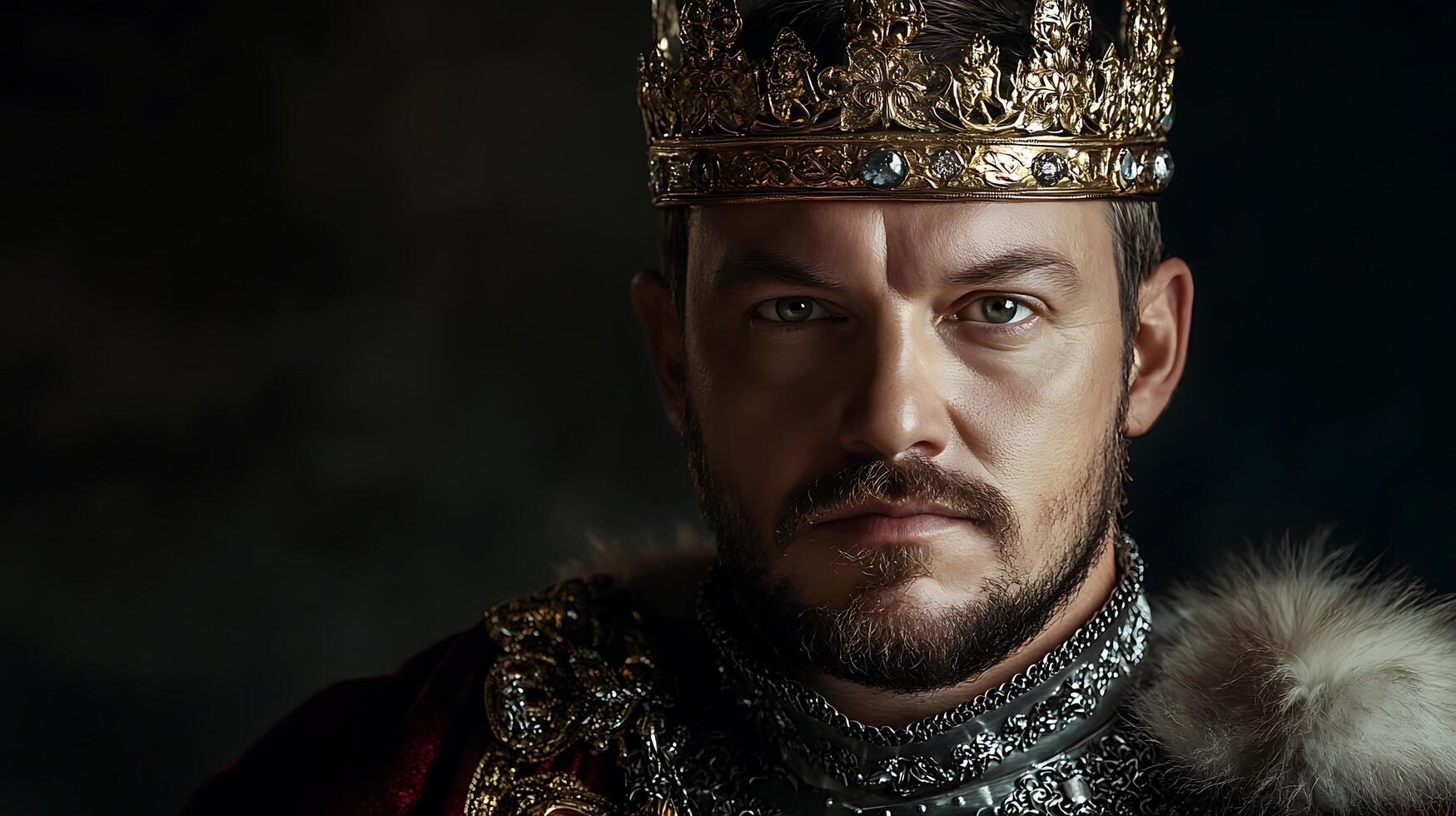 Portrait of a regal figure with a golden crown fur mantle and ornate armor embodying power and nobility in a dark dramatic setting photo