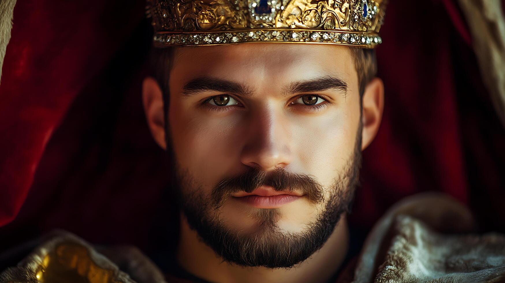 A portrait of a king adorned with a jeweled golden crown The image captures the regal essence and power embodied by royalty photo