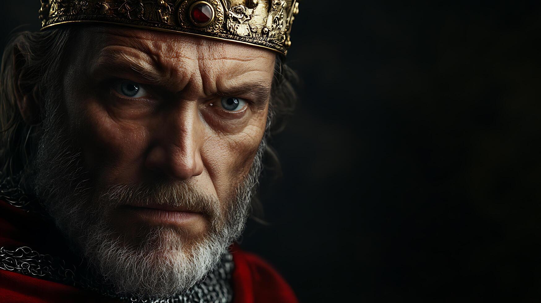 Stern king with a gold crown and chainmail a portrait showcasing power and authority against a dark backdrop eyes piercing and determined photo