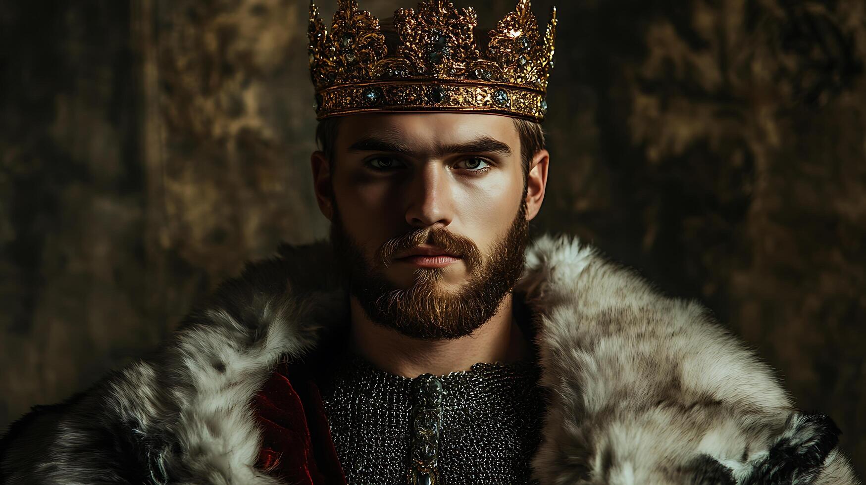 Regal portrait of a bearded king wearing a golden crown and a fur-lined robe exuding power and authority in a dimly lit setting photo