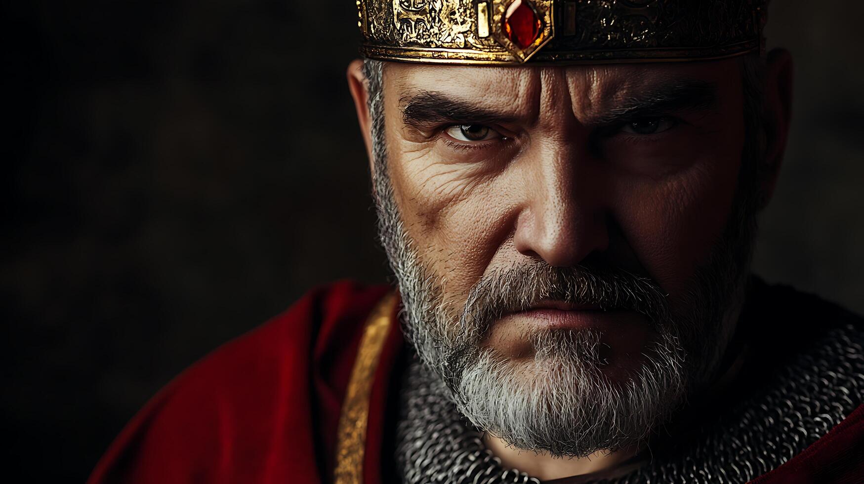 A stern-faced king with piercing eyes and a golden crown reflecting power and wisdom evokes a sense of historical authority and regality photo