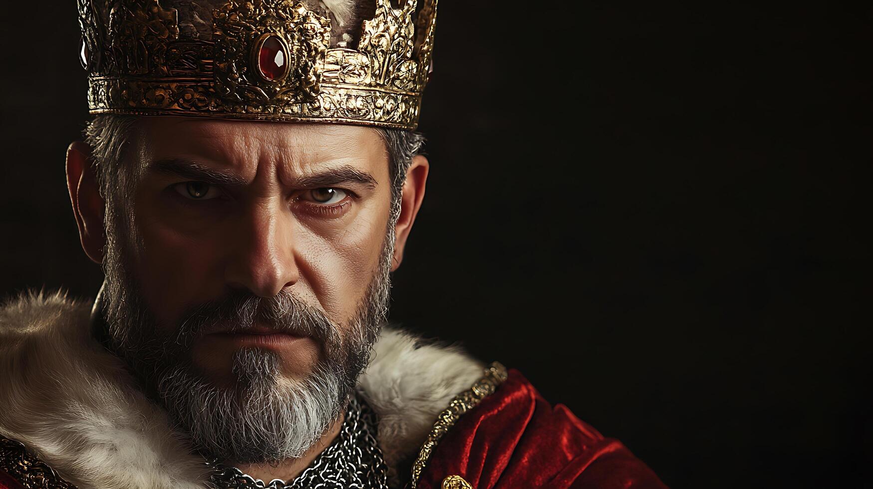 A stern-faced ruler stares intensely adorned with a crown This portrait suggests authority and the weight of leadership photo