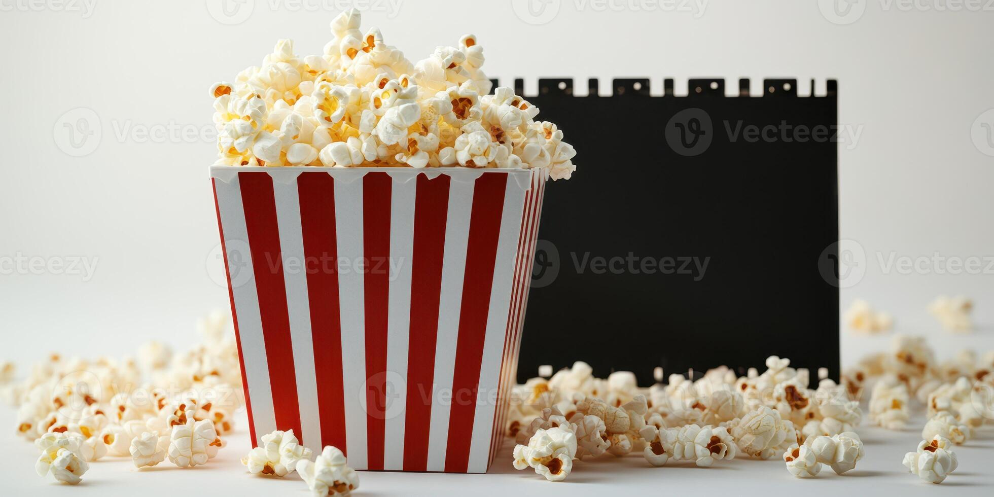 Popcorn box with scattered kernels beside a black film slate ready for movie night at home photo