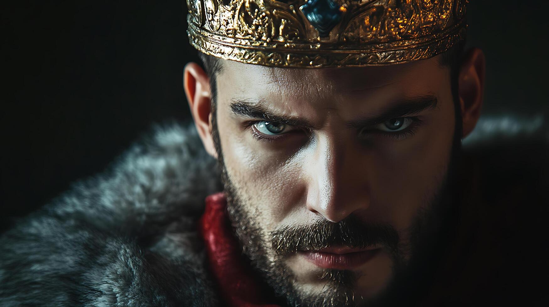 Powerful king with icy gaze wearing ornate golden crown and fur robes portrait Ruler ready to lead his kingdom photo