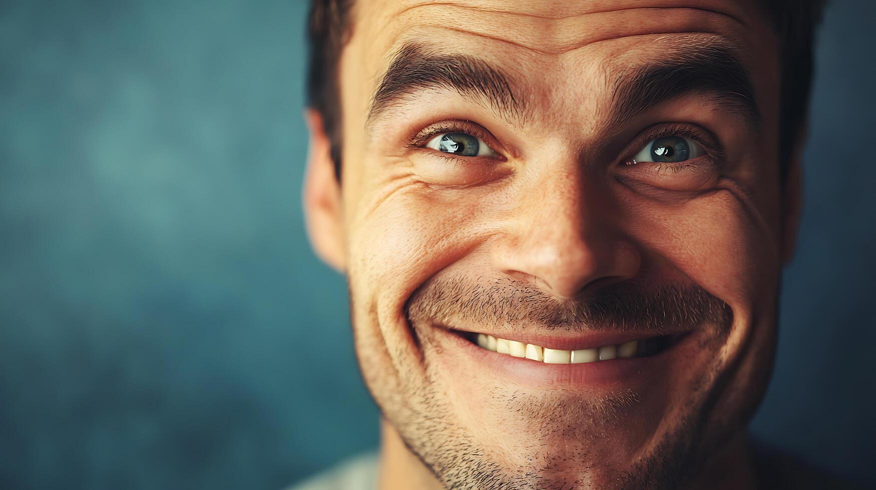 Close-up of a man's face showing a broad genuine smile with visible wrinkles around his eyes set against a muted blue background photo