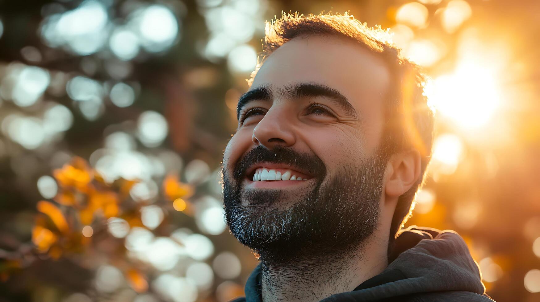 Bearded man smiling looking upward toward a golden sun-drenched sky Radiating positivity and carefree happy thoughts photo