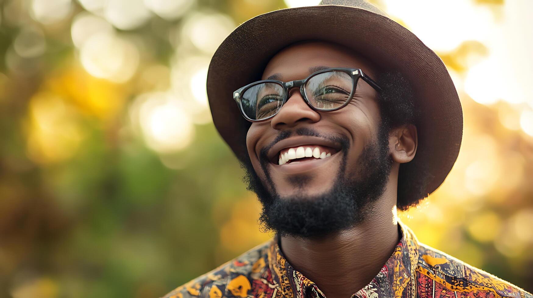 Smiling man with hat and glasses looks hopefully into the distance enjoying a sunny day outdoors and wearing a bright patterned shirt photo