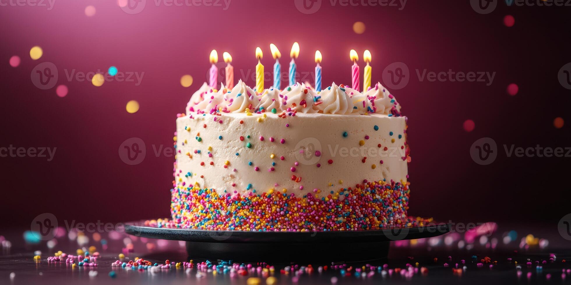 Colorful birthday cake with candles and sprinkles celebrating a joyful occasion photo