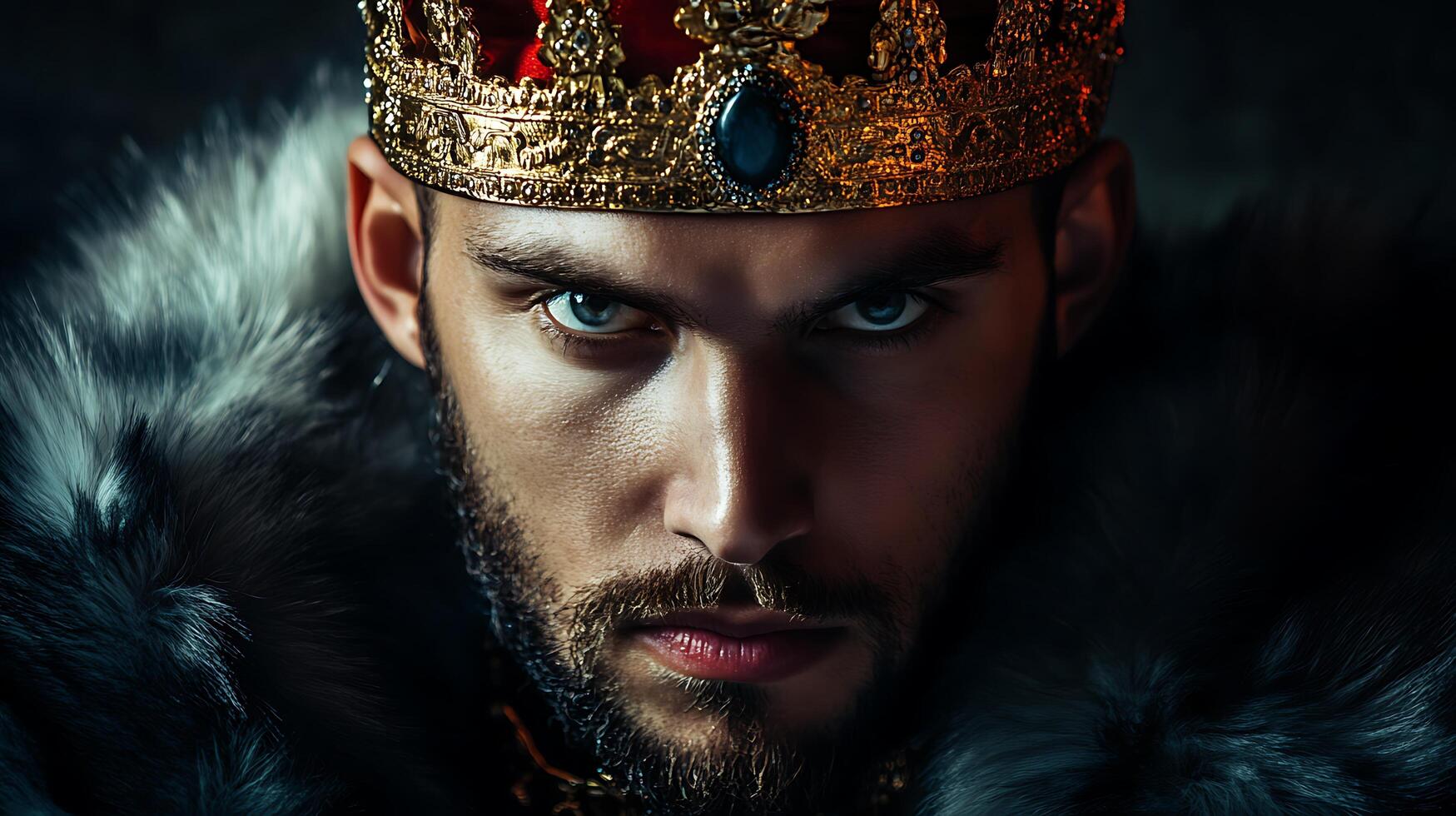 Intense portrait of a regal man Golden crown piercing blue eyes and dark fur collar A powerful figure conveys authority and ambition photo