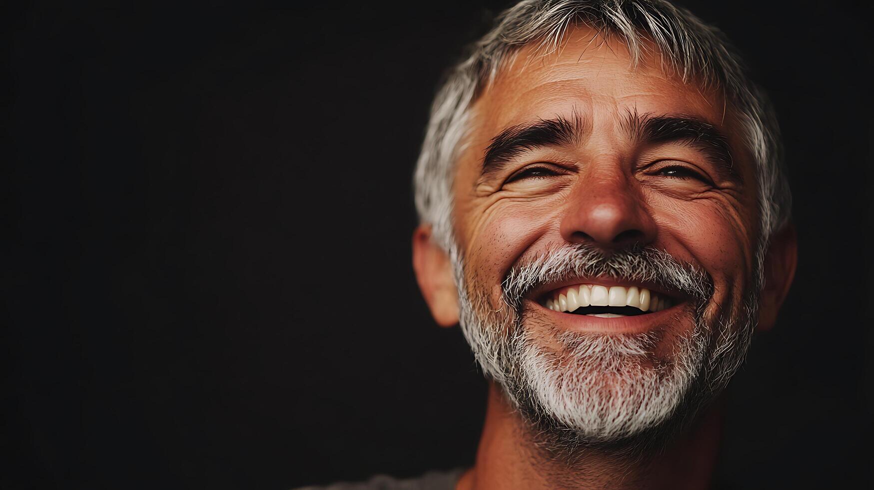 Close-up portrait of a mature man with gray hair and a beard smiling broadly set against a dark solid background photo