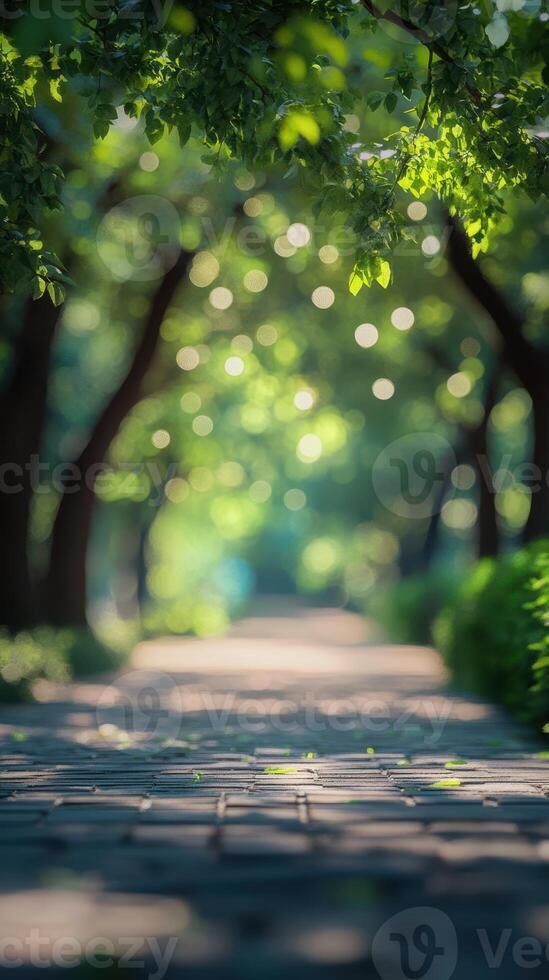 Serene pathway through a lush green park with shimmering sunlight and bokeh effects in the background photo
