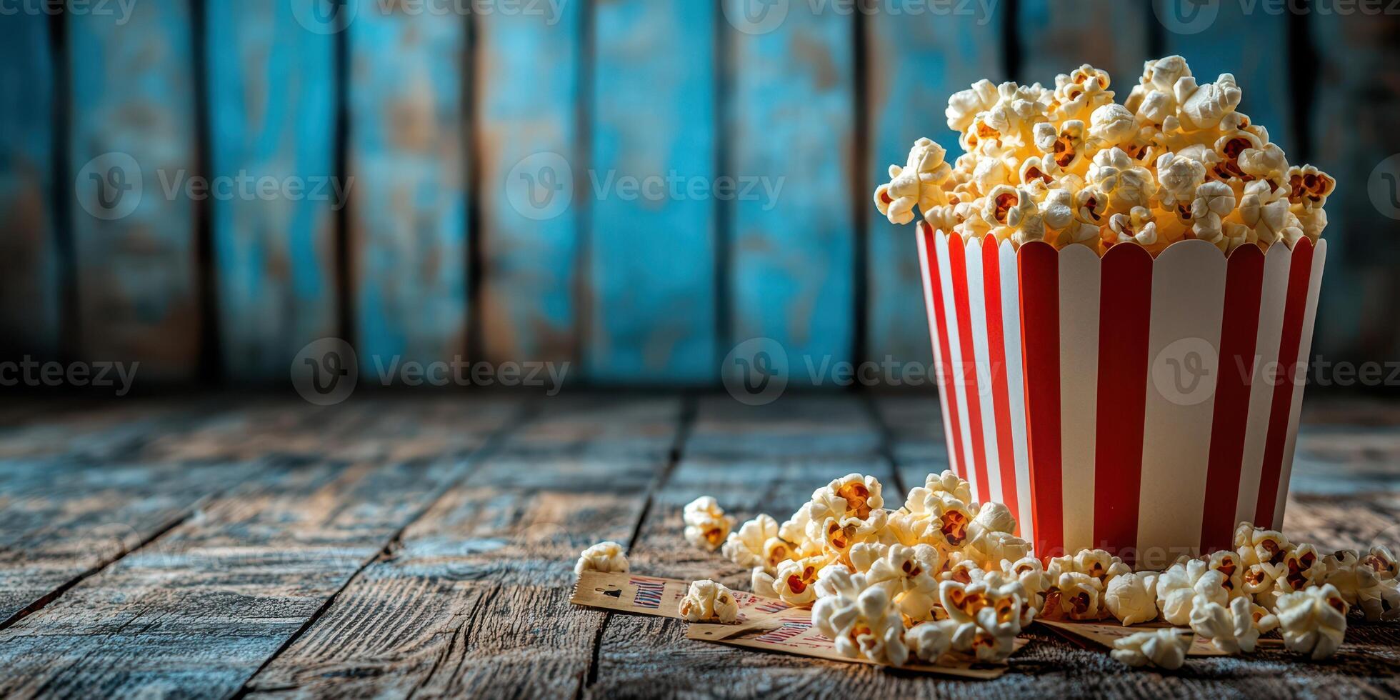 Freshly popped popcorn in striped container on rustic wooden table with blue background photo